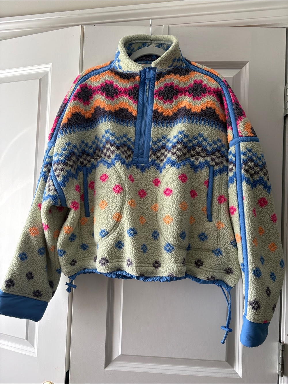 Free People Cream Fleece Half-Zip Pullover with Multicolor Pattern